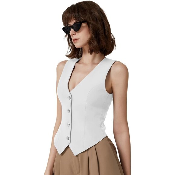 Women's White V Neck Vest Top Sleeveless Button Down Fully Lined Solid Crop Tops - Picture 3 of 6
